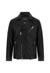 Schwarze Leder-Motorradjacke mit Reverskragen, diagonalen Vorderreißverschluss und zwei Seitentaschen. Verfügt über silberne Hardware und ein Etikett innen.