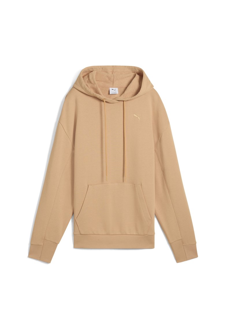Felpa beige con tasca anteriore, cappuccio regolabile con lacci e polsini a costine. Presenta un piccolo logo a rilievo di colore più chiaro. Materiale in morbida miscela di cotone.