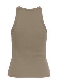 Bordázott anyagból készült, taupe színű atléta. Ujjatlan kialakítású, lekerekített nyakkivágással és karcsúsított fazonnal.