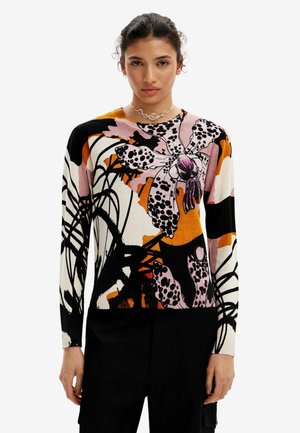 Maglione lavorato a maglia con motivo floreale multicolore in rosa, arancione e nero. Maniche lunghe, scollo rotondo, orlo a coste e texture morbida.