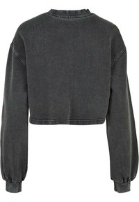 Sweat-shirt court gris foncé avec manches longues bouffantes et poignets élastiques, vu de dos.