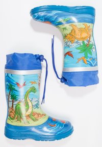 Blauwe rubberen regenlaarzen met dinosaurusafbeeldingen, elastische manchetten en een trekkoord. Kenmerken zijn palmbomen en kleurrijke waterdetails aan de zijkanten.