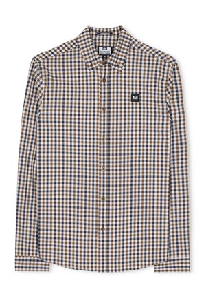 Koszula z długim rękawem na guziki w kratę w kolorach niebieskim, brązowym i białym, z małym czarnym kwadratowym logo na lewej piersi.