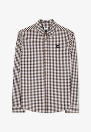 Koszula z długim rękawem na guziki w kratę w kolorach niebieskim, brązowym i białym, z małym czarnym kwadratowym logo na lewej piersi.