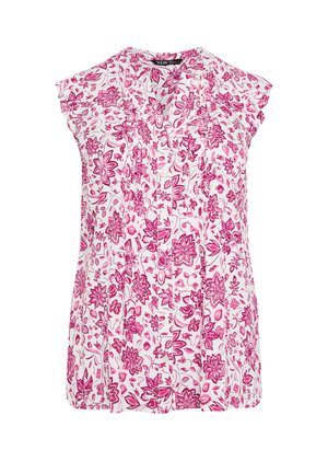 Mouwloze witte blouse met roze bloemenpatroon en V-hals, met een losse pasvorm en lichtgewicht stof.