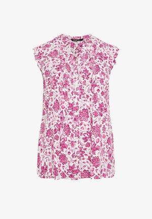Blouse blanche sans manches avec motif floral rose et col en V, présentant une coupe ample et un tissu léger.
