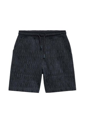 Shorts noirs avec un motif rayé texturé. Dotés d'une taille élastique avec cordon de serrage et de poches latérales. Fini en tissu doux.