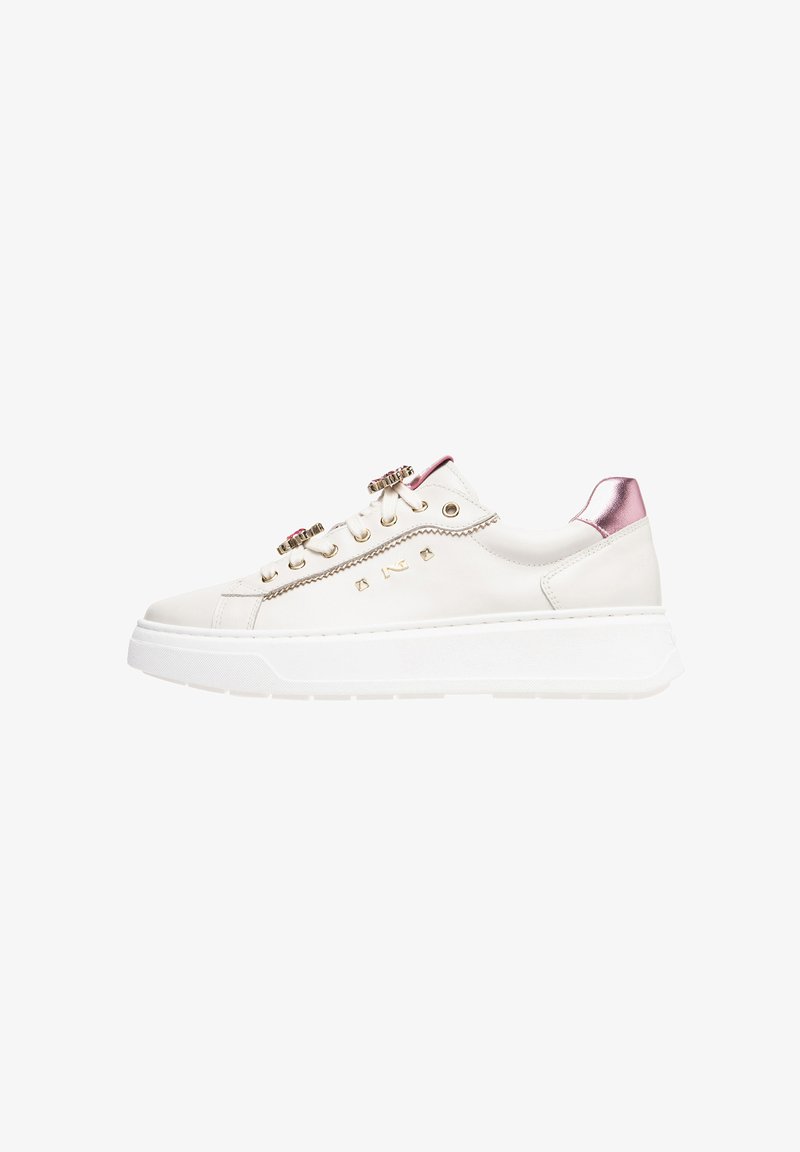 White leather sneakers with gold eyelets, decorative accents, and a rose gold heel detail. Thick white sole. Smooth texture.