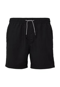 Zwarte zwembroek met een elastische tailleband, verstelbaar trekkoord, zijzakken en een gladde stofstructuur.