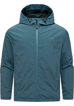 Teal blue hooded jacket with front zipper, adjustable hood cords, side pockets, and subtle "ragwear" logo on chest.