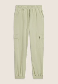 Pantaloni cargo verde chiaro con una cintura elastica, polsini aderenti e due tasche laterali. Realizzati in tessuto morbido con una texture liscia.