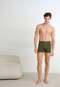 Zelené bavlnené boxerky s čiernym pásom "BJORN BORG", priliehavý strih a hladká textúra. Nosí ich mužský model v minimalistickom prostredí.