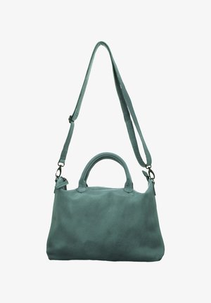 Blautürkise Lederhandtasche mit zwei kurzen Griffen und einem verstellbaren langen Schulterriemen, ausgestattet mit Metallverschlüssen und Reißverschluss.