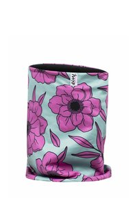 Bloemen nekwarmer in muntgroen met grote roze bloemen en zwarte omlijningen, voorzien van een zachte binnenvoering en een afgeronde bovenrand.