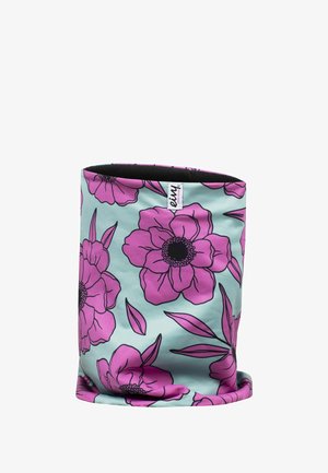 Bloemen nekwarmer in muntgroen met grote roze bloemen en zwarte omlijningen, voorzien van een zachte binnenvoering en een afgeronde bovenrand.