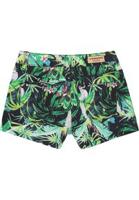 Vihreät kuvioidut shortsit, joissa on tiheä trooppinen lehtikuvio pinkeillä yksityiskohdilla. Sisältää takataskut ja brändätyn tarran vyötäröllä.