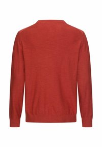 Sweter z długim rękawem w kolorze rdzawej czerwieni z prążkowanymi mankietami, dołem i okrągłym dekoltem, pokazany od tyłu na jednolitym białym tle.