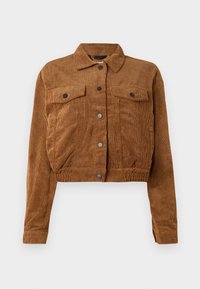 Veste courte en velours côtelé marron avec manches longues, fermeture boutonnée devant, et deux poches poitrine à rabat avec boutons.
