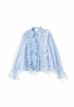 Jasnoniebieska bluzka z długim rękawem, z falbankami z przodu, marszczonymi mankietami i lekko błyszczącą, jedwabistą teksturą tkaniny.