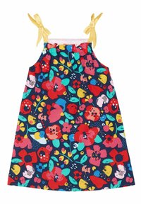 Vestido de flores sin mangas con tirantes de cinta amarilla, que presenta un fondo azul marino decorado con flores y hojas de colores variados.