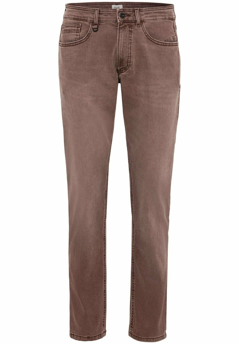 Jean en denim marron à coupe droite, avec fermeture à boutons, cinq poches, et un léger effet usé pour la texture.