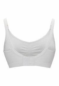 Weißer BH mit verstellbaren Trägern, dehnbarem Material und glatter Textur. Verfügt über einen Haken- und Ösenverschluss auf der Rückseite und subtile Raffungen.