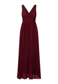 Lång burgundy klänning med v-ringning, plisserad kjol och figurnära midja. Tillverkad av mjukt tyg och har en flytande silhuett.