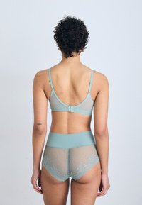 Lace-trimmed sheer briefs and matching bra in soft mint green, featuring adjustable straps and a hook-and-eye closure for a secure fit.