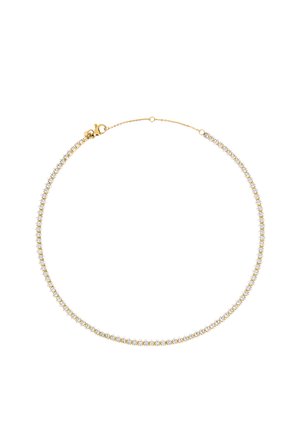 Złota naszyjnik z linią błyszczących, przezroczystych kryształków, z zamknięciem na zapięcie typu homar i delikatnym wzorem łańcuszka.
