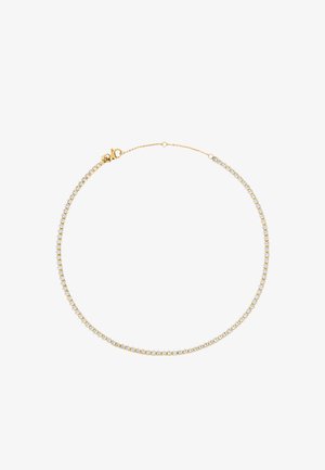 Złota naszyjnik z linią błyszczących, przezroczystych kryształków, z zamknięciem na zapięcie typu homar i delikatnym wzorem łańcuszka.