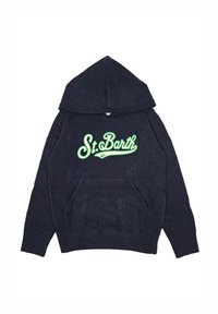 Felpa con cappuccio blu navy realizzata in tessuto morbido, con logo verde "St. Barth" e tasca a marsupio frontale. Orlo e polsini a coste.
