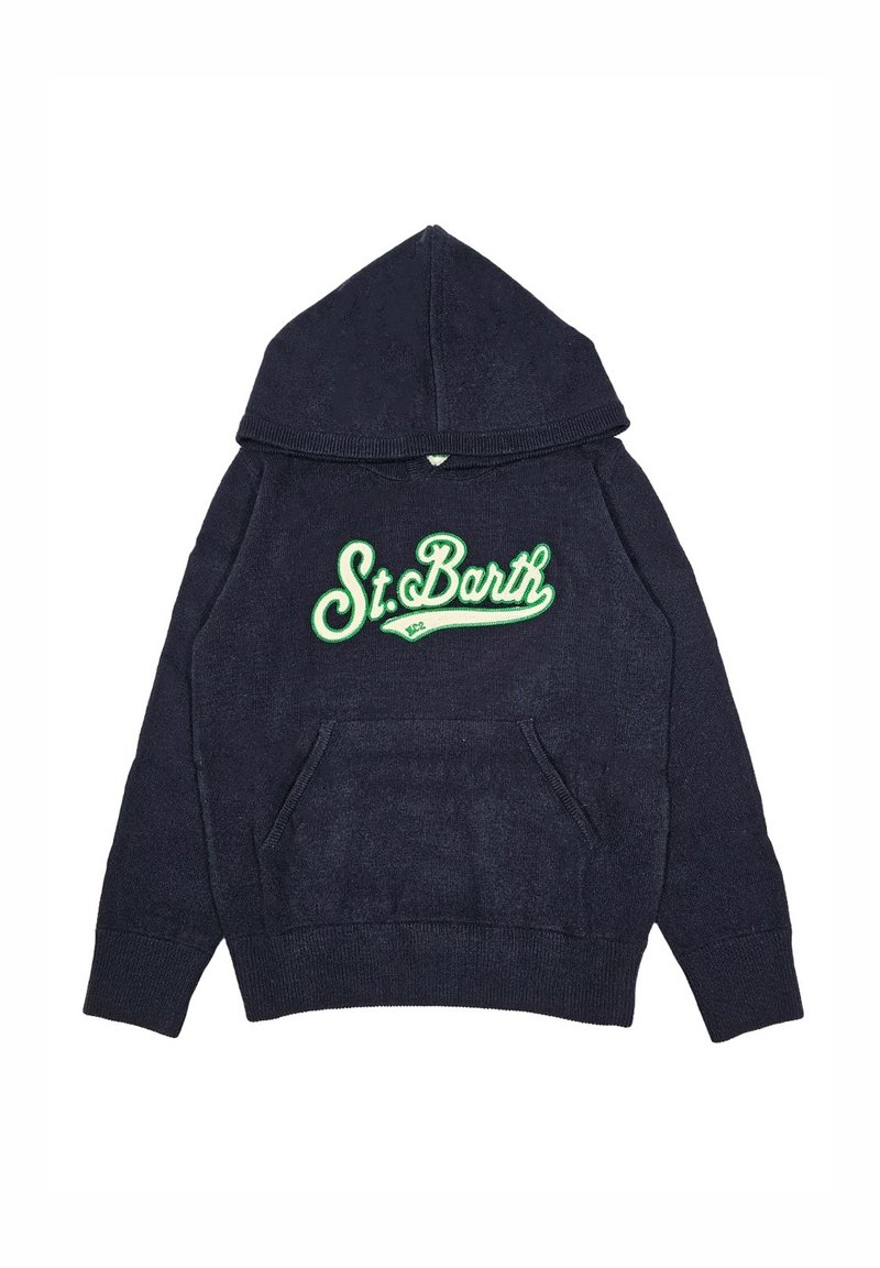 Felpa con cappuccio blu navy realizzata in tessuto morbido, con logo verde "St. Barth" e tasca a marsupio frontale. Orlo e polsini a coste.