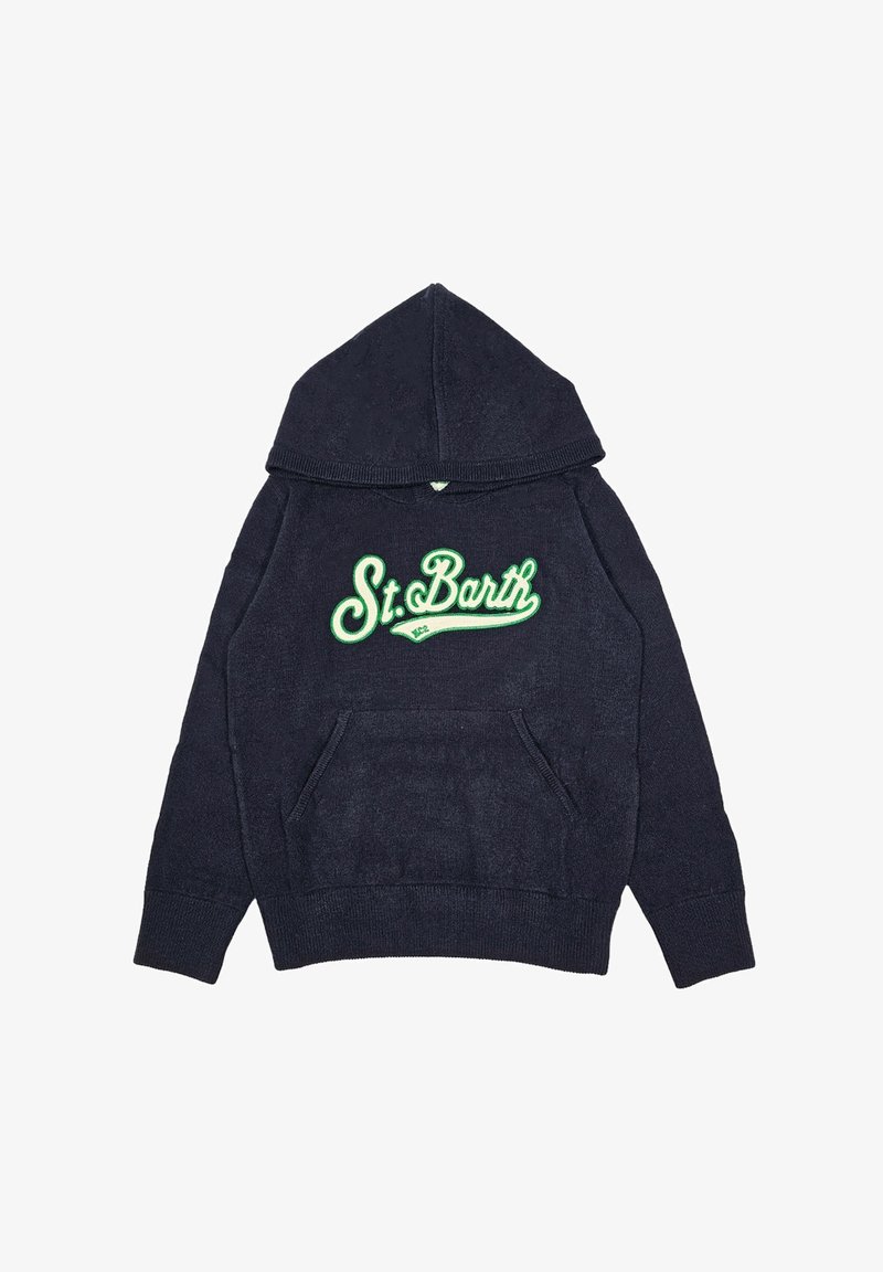 Felpa con cappuccio blu navy realizzata in tessuto morbido, con logo verde "St. Barth" e tasca a marsupio frontale. Orlo e polsini a coste.