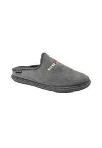 Grijze corduroy slof met een ronde open achterkant. Beschikt over een zachte textuur en een geborduurd logo in het wit en rood. Geverfd rubberen zool.