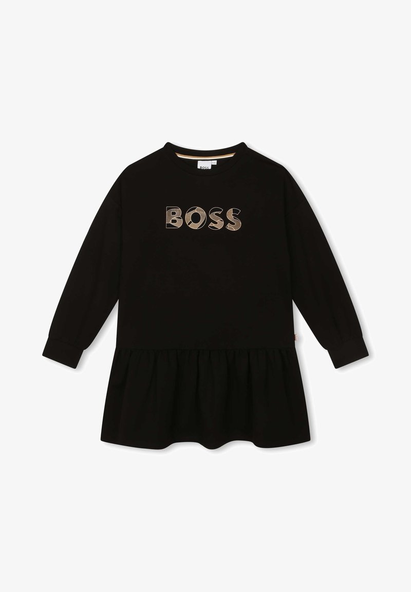 Robe noire à manches longues avec une jupe froncée. Présente le logo "BOSS" imprimé en matériau réfléchissant. Fabriquée en tissu doux avec un col rond.