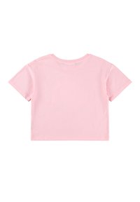 Top corto de manga corta en algodón de color rosa claro. Escote redondo con un acabado limpio, sin logos ni estampados visibles, textura suave.