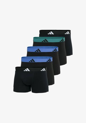 Caleçon noir avec des ceintures de différentes couleurs : noir, bleu-vert, bleu. Chacun arbore un logo et un tissu lisse. Lot de cinq.