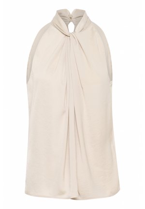 Ljusbeige ärmlös topp med hög krage, med en plisserad framsida och nyckelhålsöppning bak. Slät tyg, avslappnad passform.