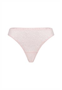 Helles pinke Spitzen-Bikini-Unterwäsche für Frauen mit floralem Muster und gewellten Kanten, auf einem weißen Hintergrund präsentiert.