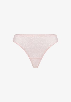 Lichtroze kant vrouwen bikini-ondergoed met bloemenpatroon en golvende randen, weergegeven op een witte achtergrond.
