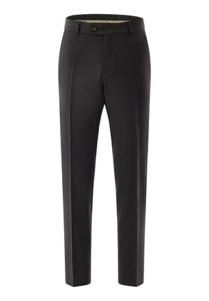 Schwarze formelle Hose mit geradem Schnitt, Knopf- und Reißverschluss, Gürtelschlaufen und vorderen Bügelfalten.