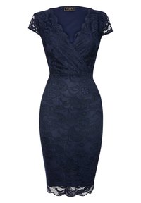 Midiklänning i marinblå spets med korta ärmar, V-ringning, figursydd midja, blommönster och scallop-kant.