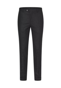 Black tailored trousers made from a textured fabric, featuring a single button closure, pleated front, and tapered legs with rolled cuffs.