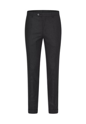 Zwarte op maat gemaakte broek van een gestructureerde stof, met een enkele knoopsluiting, geplooide voorkant en taps toelopende broekspijpen met opgerolde manchetten.