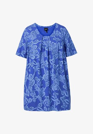 Blaues Tunika-Top mit kurzen Ärmeln, rundem Ausschnitt und hellblauen abstrakten Blumenmustern, mit zentraler vorderer Falte.