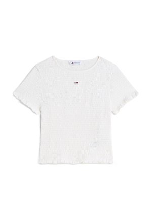 Λευκό cropped τοπ με κοντά μανίκια και υφή, με στρογγυλή λαιμόκοψη και μικρό λογότυπο σημαίας Tommy Hilfiger στο κέντρο κάτω από το γιακά.