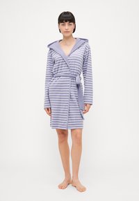 Striped purple bathrobe with a hood, tied at the waist, long sleeves, made of soft material, featuring white horizontal stripes.