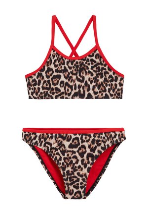 Maillot de bain deux pièces pour filles avec imprimé léopard et bordure rouge, comprenant un haut à dos croisé et un bas de bikini assorti.