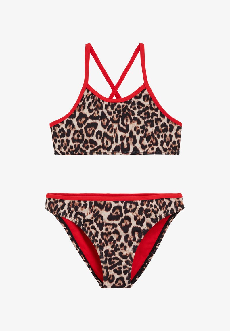 Maillot de bain deux pièces pour filles avec imprimé léopard et bordure rouge, comprenant un haut à dos croisé et un bas de bikini assorti.