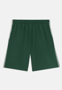 Σκούρο πράσινο αθλητικό σορτς με ελαστική μέση και λευκές λωρίδες στο πλάι, που διαθέτει μικρό μοτίβο κειμένου.